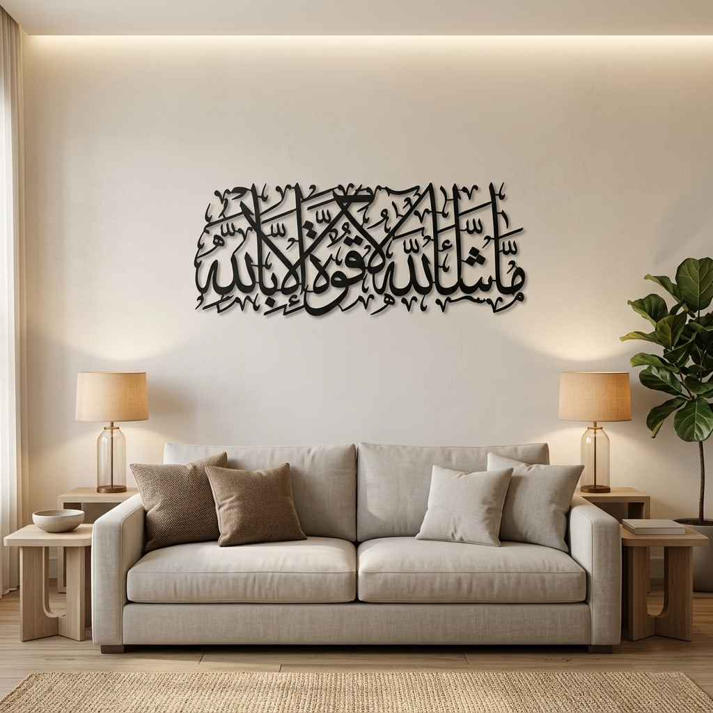 Mashallah La Quwwata illa Bi-llahi Islamic Calligraphy Metal Wall Art in Golden Color - Multicolor Available - Global Wall Art