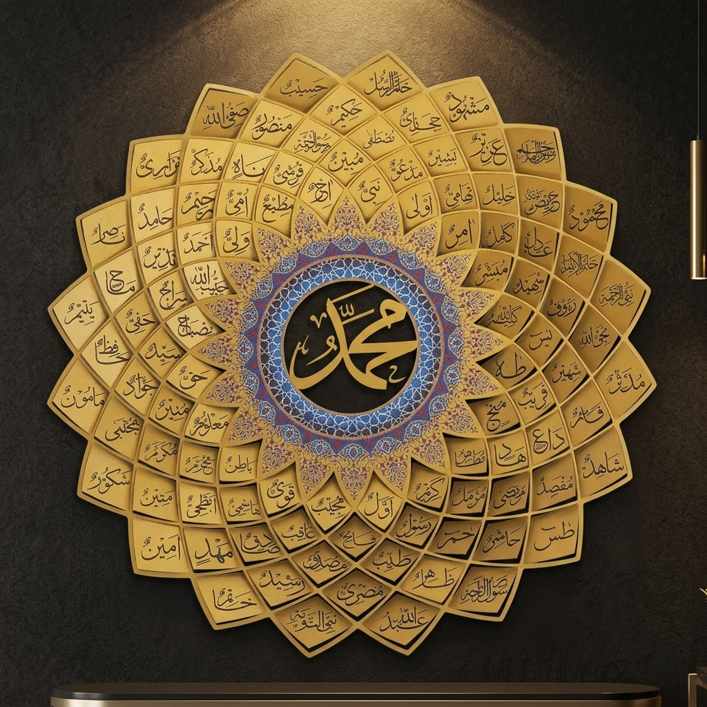 3D Gold Metal 99 Names of Prophet Muhammad (Asma un Nabi) Islamic Wall Art - Global Wall Art