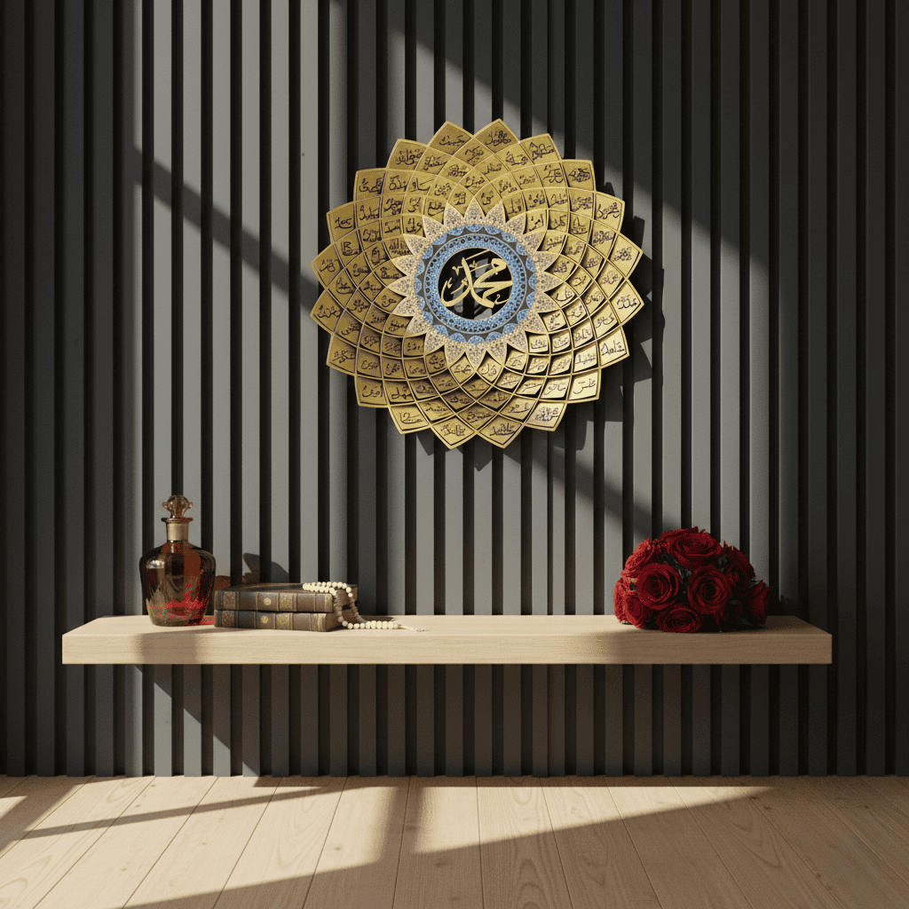 3D Gold Metal 99 Names of Prophet Muhammad (Asma un Nabi) Islamic Wall Art - Global Wall Art