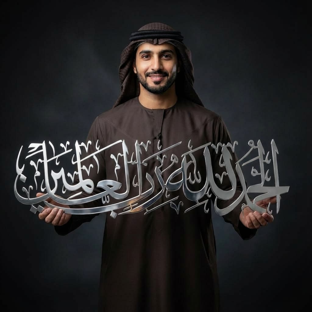 Alhamdulillah Rabbil Alamin 3D Silver Metal Calligraphy Wall Art - Multicolor - Global Wall Art