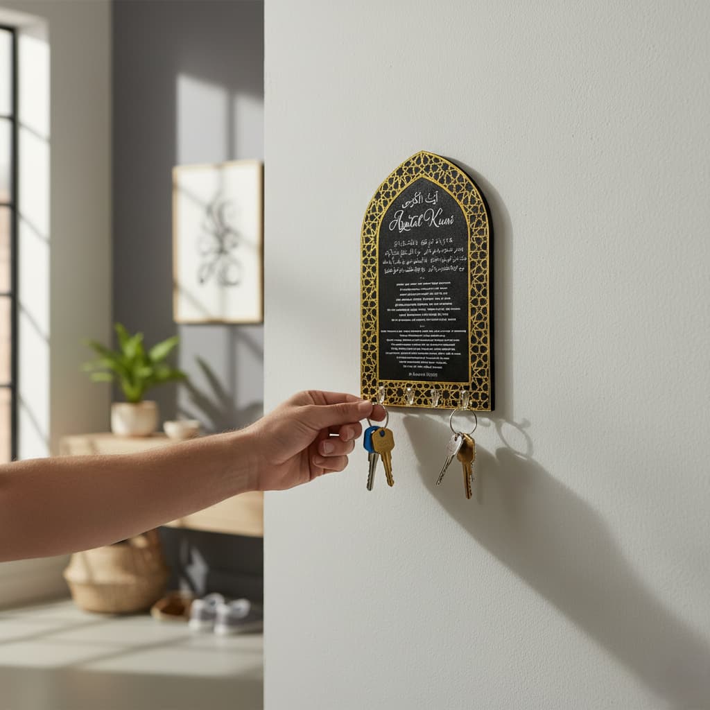 Ayat ul Kursi Acrylic Black & Golden Key Holder with Mihrab Design Muslim Wall Decor - Global Wall 