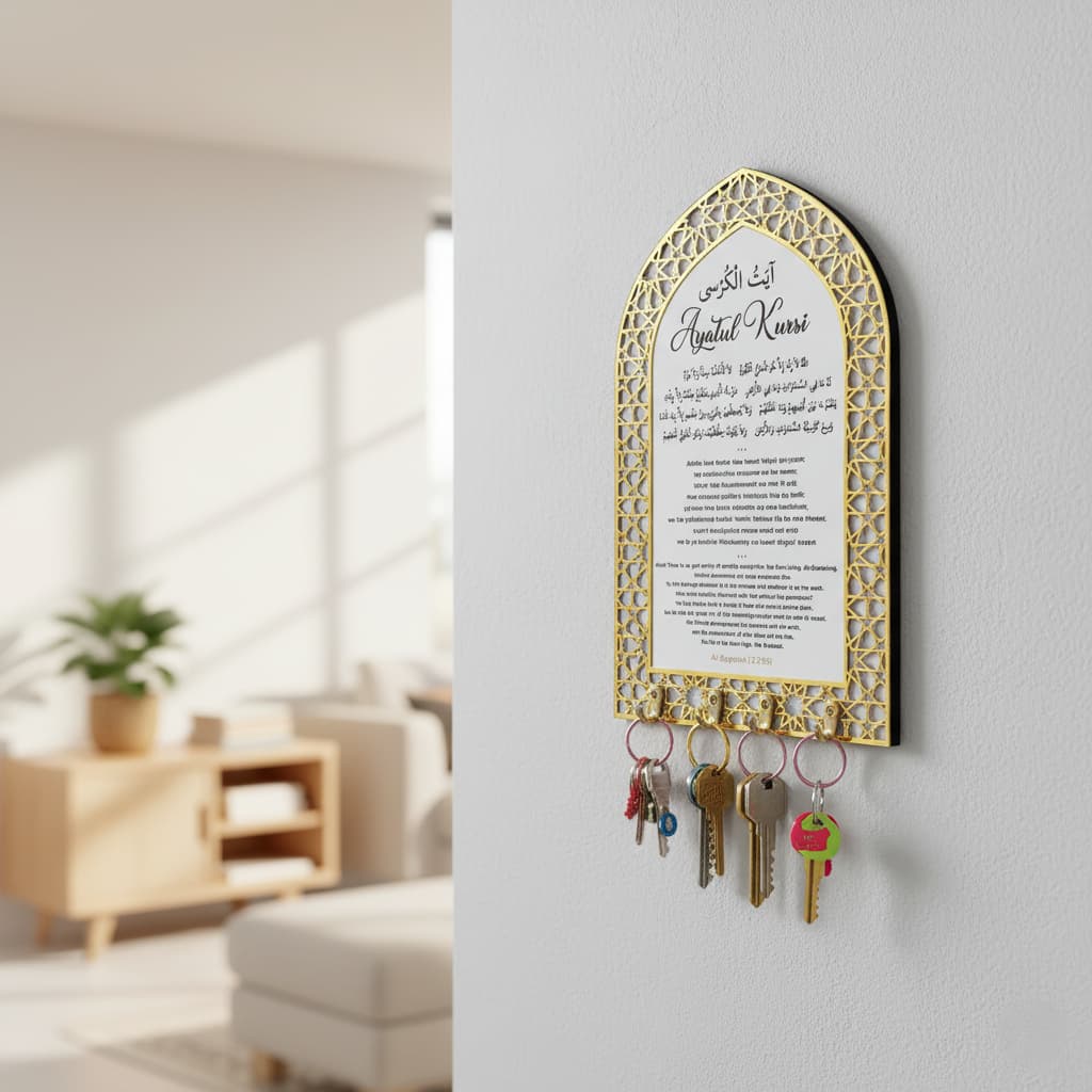 Ayat ul Kursi Acrylic White & Golden Key Holder with Mihrab Design Muslim Wall Decor - Global Wall 