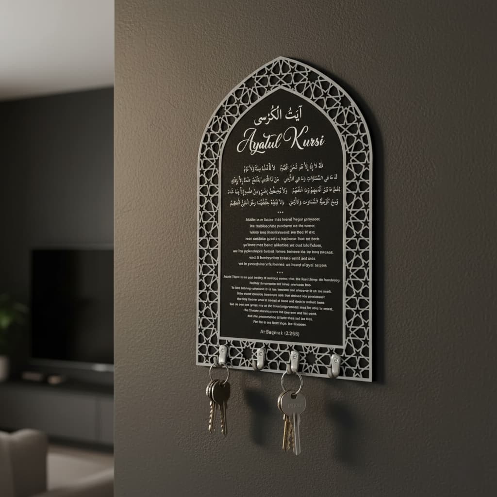 Ayat ul Kursi Acrylic Black & Silver Key Holder with Mihrab Design Muslim Wall Decor - Global Wall  (1)
